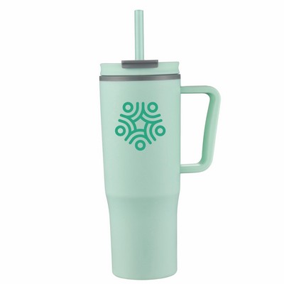 30 oz Double Wall Plastic Travel Mug with Handle & Straw