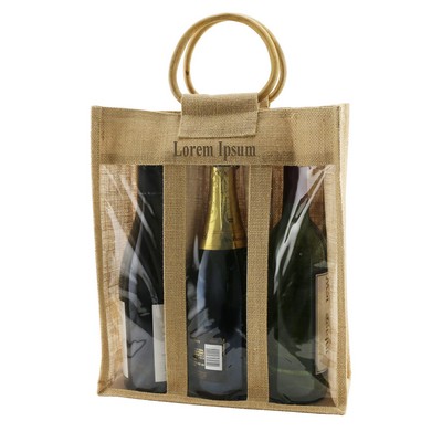 Jute Vino-Sack™ Three Bottle Bag w/Clear Poly Window
